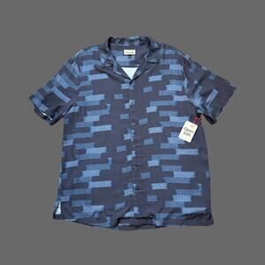 Opem Edit Relax Geo Pattern Camp Shirt Navy Ambient Stripe Size L NWT